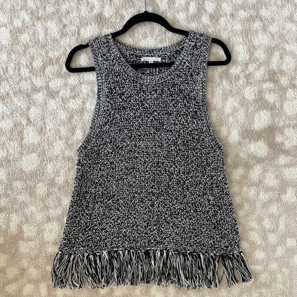 Rebecca Minkoff Black & White Sleeveless Knit Fringe Hem Top | Size M - Picture 2 of 4
